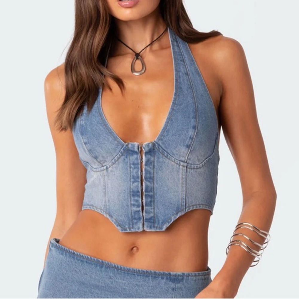 Edikted Blue Denim Halter Top